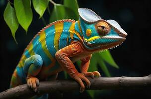 ai generiert Nahansicht Foto exotisch Reptil von Chamäleon mit verschiedene Farben von Natur