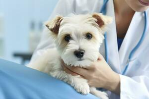 ai generiert Weiß klein Maltipoo Hund Sein untersucht durch ein Tierarzt. Hund Pflege und Pflege. ai generiert foto