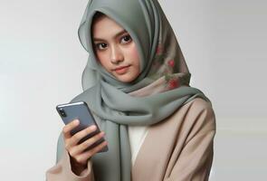 ai generiert asiatisch Frau Hijabi mit Smartphone isoliert auf Weiß Hintergrund foto