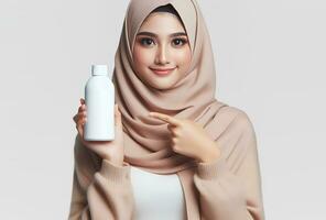 ai generiert asiatisch Frau Muslim Hijabi halt ein Weiß Flasche isoliert auf Weiß Hintergrund foto