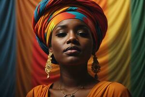 ai generiert afrikanisch Frau gekleidet im traditionell Kleidung. Porträt von ein Frau im ein Turban. Design zum schwarz Geschichte Monat foto