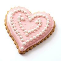 ai generiert Herz geformt Plätzchen mit Rosa Glasur und essbar Perlen auf Weiß Hintergrund zum Valentinsgrüße Tag Thema foto