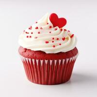 ai generiert rot Samt Cupcake mit Sahne Käse Glasur und Fondant Herz auf ein Weiß Hintergrund zum Valentinsgrüße Tag Thema foto