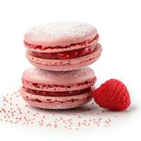 ai generiert ein Himbeere gefüllt Macaron abgestaubt mit pulverisiert Zucker auf ein Weiß Hintergrund zum Valentinsgrüße Tag Konzept foto