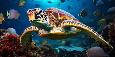 ai generiert ein Schildkröte ist Schwimmen im das Tiefe von das Ozean mit ein Schule von beschwingt Fisch und andere Meer Leben, generativ ai. foto