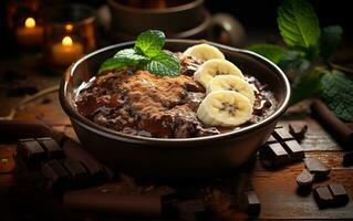 ai generiert Schokolade Pudding mit Banane auf dunkel Hintergrund foto