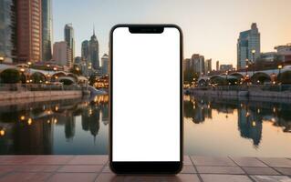 ai generiert Smartphone Attrappe, Lehrmodell, Simulation auf das Hintergrund von das Stadt und Straße foto