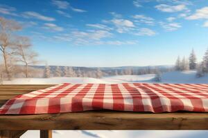 ai generiert ein rot kariert Tischdecke auf ein hölzern Tisch, einstellen gegen ein hölzern Hintergrund foto