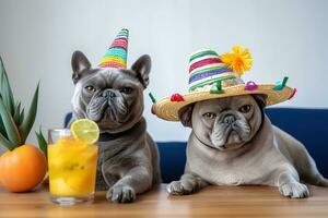 ai generiert zwei Hunde tragen Sombreros und Trinken Orange Saft foto