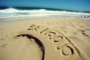 ai generiert das Wort Savanne ist geschrieben im das Sand auf ein Strand foto