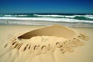 ai generiert das Wort logan ist geschnitzt in das Sand auf das Strand beim logan Strand, austral foto