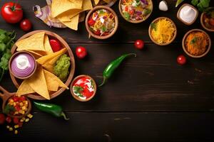 ai generiert Mexikaner Essen Hintergrund mit Tortilla Chips, Salsa, Tomaten, Mais, und andere Zutaten foto