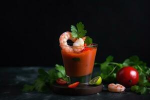ai generiert Garnele Cocktail mit Tomate und Koriander auf ein dunkel Hintergrund foto