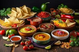 ai generiert Mexikaner Essen mit Tortilla Chips, Salsa, Mais, Tomaten und andere Zutaten foto