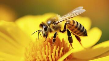 ai generiert Nahansicht von ein Sonnenblume und ein Biene bestäubend ein schön Blume auf ein sonnig Tag foto