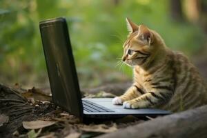 ai generiert wenig Kitty Arbeiten auf das Laptop im draussen Hintergrund foto