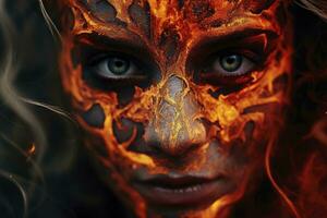 ai generiert ein Frau mit ein Feuer auf ihr Gesicht ist gezeigt mit ein Gesicht im das Vordergrund foto