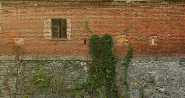 sehr alt Backstein Stein Mauer von Schloss oder Festung von 18 .. Jahrhundert. voll Rahmen Mauer mit obsolet schmutzig und geknackt Ziegel foto