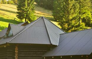 das Dach ist gemacht von grau geprägt Metall Blätter. hölzern Haus im das Sommer- Feld foto