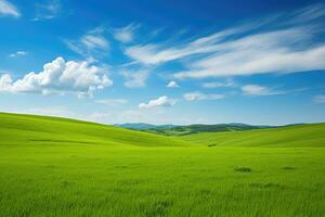 ai generiert Grün Gras Hügel und Blau Himmel foto