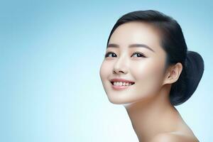 ai generiert Hautpflege und bilden Konzept schön asiatisch weiblich Frau mit gesund Gesichts- Haut schließen oben Porträt foto