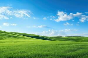 ai generiert Grün Gras Hügel und Blau Himmel foto