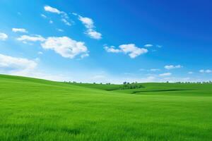 ai generiert Grün Gras Hügel und Blau Himmel foto