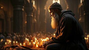 ai generiert ein Muslim arabisch Mann betet im das Tempel von das Moschee zu Gott Gott und liest das Koran foto