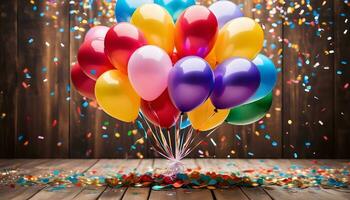 ai generiert feierlich Anordnung von bunt Luftballons auf ein hölzern Fußboden mit Konfetti foto