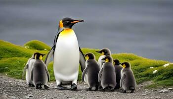 ai generiert ein Familie von Kaiser Pinguine auf ein felsig Ufer foto