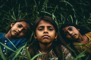 ai generiert drei jung Mädchen im ein Feld von hoch Gras foto