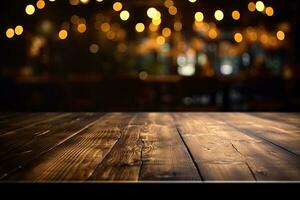 ai generiert Holz Tabelle mit warm Beleuchtung Hintergrund foto