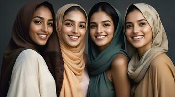 ai generiert schön Gruppe von Muslime Frauen lächelnd und Lachen tragen ein Hijab und dekoriert Schal foto