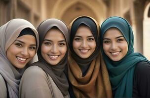 ai generiert schön Gruppe von Muslime Frauen lächelnd und Lachen tragen ein Hijab und dekoriert Schal foto