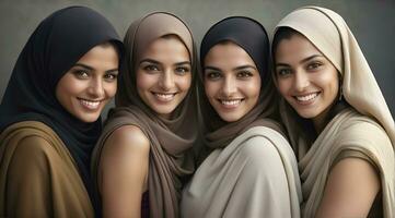 ai generiert schön Gruppe von Muslime Frauen lächelnd und Lachen tragen ein Hijab und dekoriert Schal foto