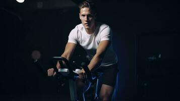 ai generiert gut aussehend jung Mann tun Cardio auf Übung Fahrrad im dunkel Fitnessstudio, Cardio Routinen foto