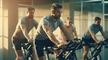 ai generiert jung Menschen Ausbildung auf stationär Fahrrad im Fitnessstudio, Cardio Routinen foto