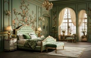 ai generiert ein klassisch Schlafzimmer mit Grün Wände und Gold Armaturen foto