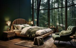 ai generiert ein Schlafzimmer mit ein Grün und Blau Farbe planen foto
