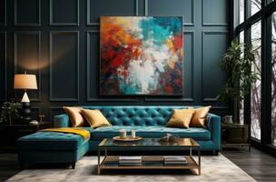 ai generiert ein hell Leben Zimmer mit Blau Möbel und ein groß Gemälde im das Hintergrund foto