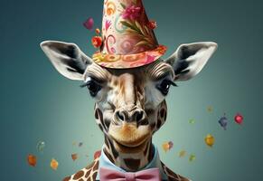 ai generiert ein Giraffe im ein Geburtstag Hut foto