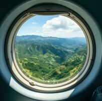 ai generiert Fluggesellschaft Fenster japanisch Berge foto