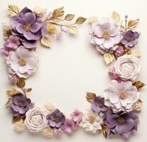 ai generiert ein Rahmen dekoriert mit lila und Weiß Blumen. foto