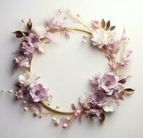 ai generiert ein Rahmen dekoriert mit lila und Weiß Blumen. foto