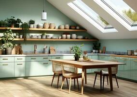 ai generiert ein schön Grün Küche mit hölzern Arbeitsplatten foto