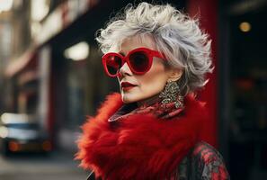 ai generiert ein Oma mit grau Haar tragen rot Sonnenbrille foto