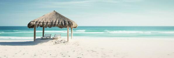 ai generiert Antenne Aussicht von isoliert Strand Hütte auf makellos Weiß Sand mit Kopieren Raum foto