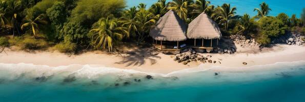 ai generiert ein einsam mit Stroh gedeckt Hütte auf ein Fernbedienung tropisch Strand mit viel von Kopieren Raum, gefangen durch ein Drohne foto