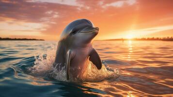 ai generiert bezaubernd Delfin schließen zu Ufer gegen bunt Sonnenaufgang Strandlandschaft mit Kopieren Raum foto