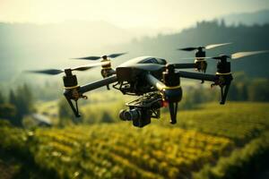 ai generiert Antenne Aussicht von Bauernhof Drohne fliegend Über Landschaft, Sonnenuntergang foto